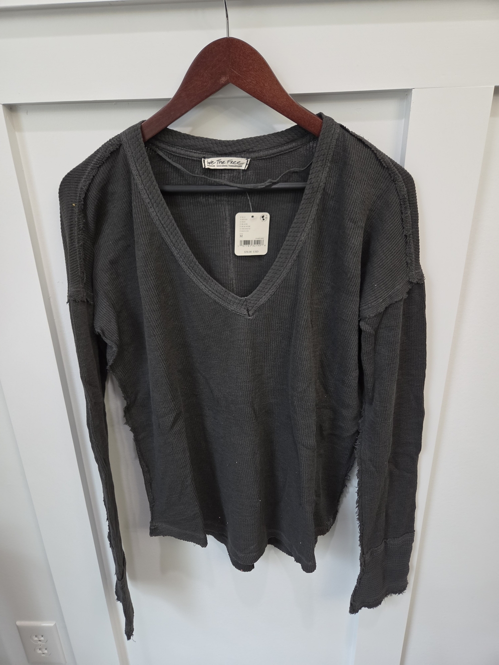 free people washed Black V-Neck Thermal Long Sleeve Top